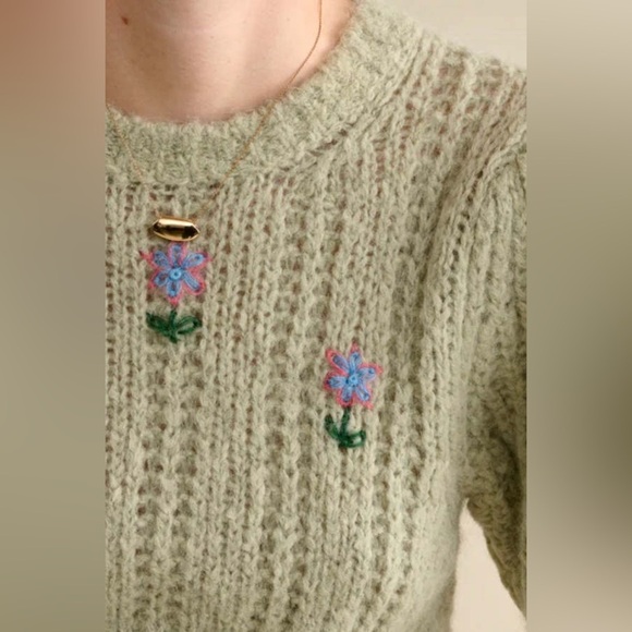 Bellerose Italian Yarn Alpaca Wool Short Sleeve Sweater - Size 2 - Green Floral - Picture 2 of 12